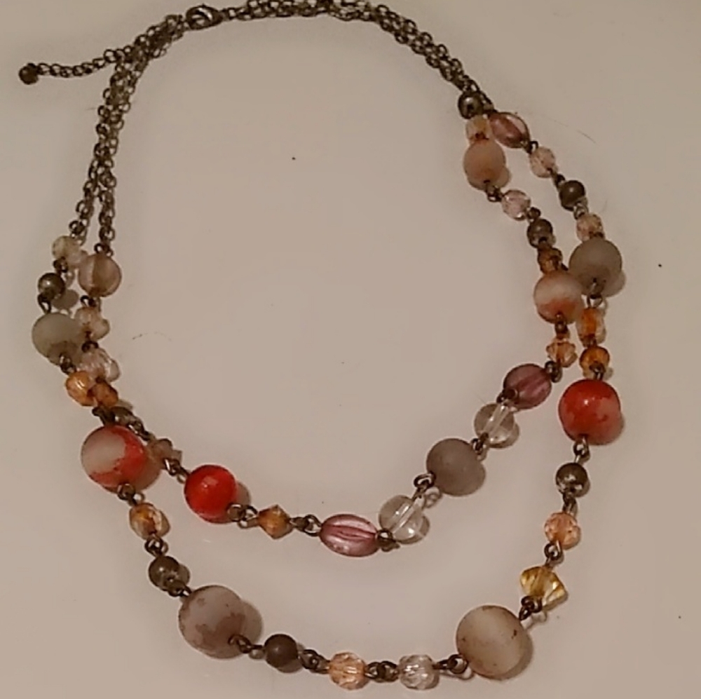 Women's Double Strand Silver Adjustable Necklace with Round Multicolor Beads